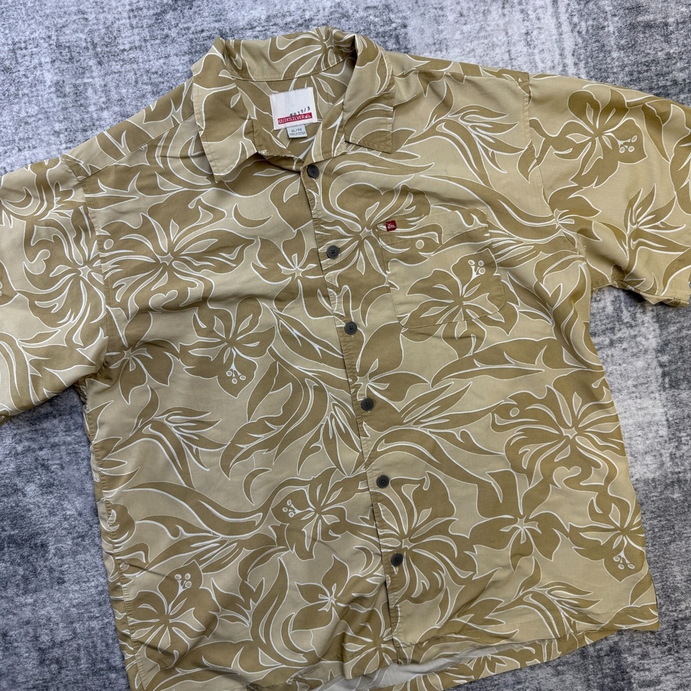 Y2K Quiksilver Shirt Mens XL Beige‎ Tan Hawaiian Floral Aloha Surf Beach Skate